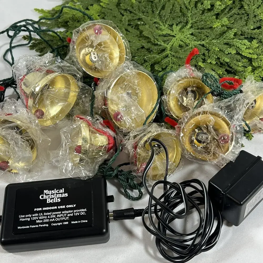 Vintage Caroling Musical Christmas Bells 9 Brass 1989 in Styrofoam